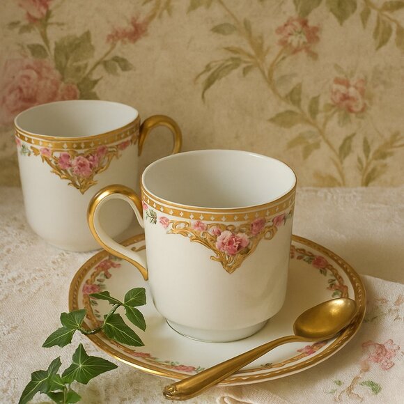 Bernardaud Limoges Demitasse Cups & Saucer Porcelain Pink Rose Gilded - Picture 1 of 10
